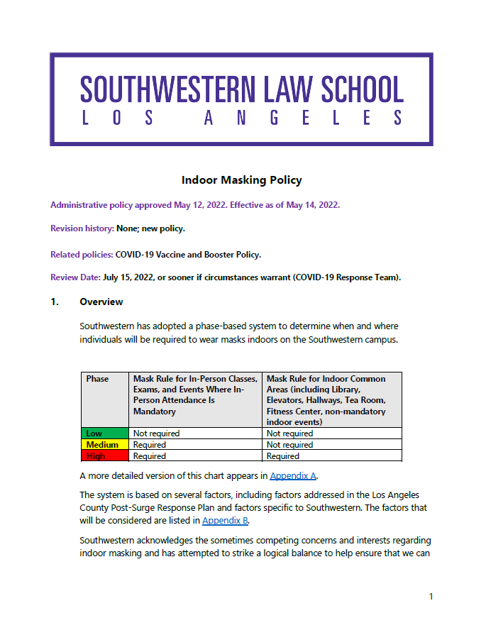 First page of Southwestern's Indoor Mask Policy
