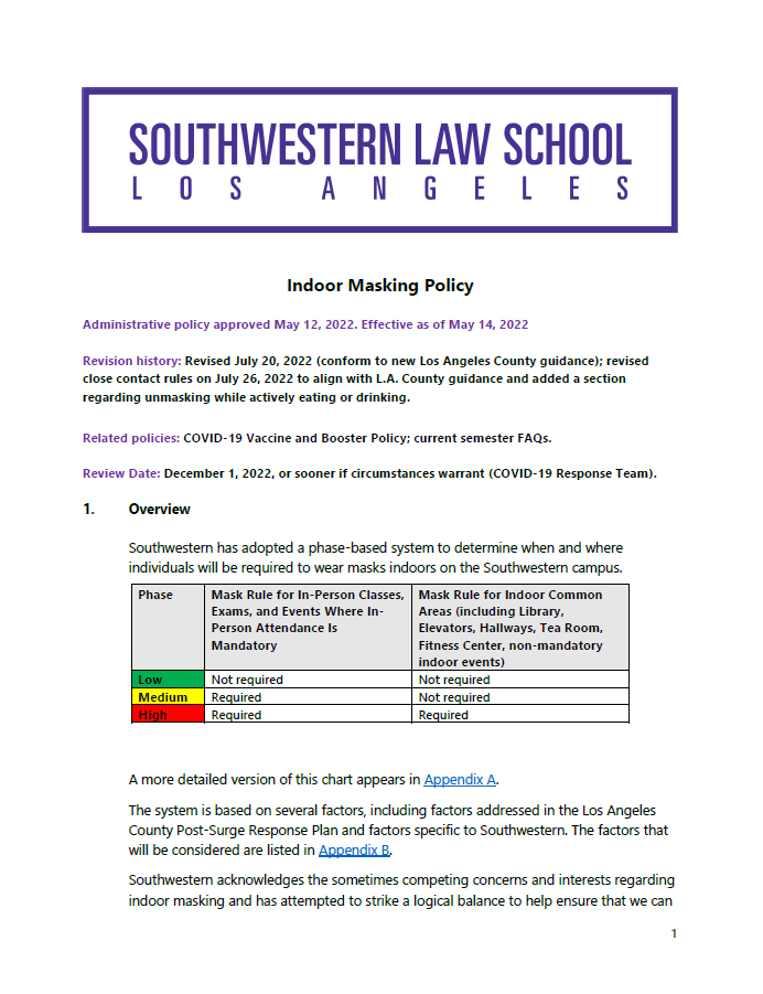 1st page of Southwestern's Indoor Masking  Policy
