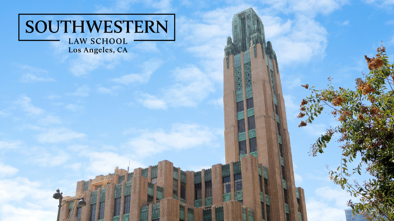 Zoom Background of Bullocks Wilshire tower against a blue sky with Southwestern Law School logo in black in the upper left hand corner