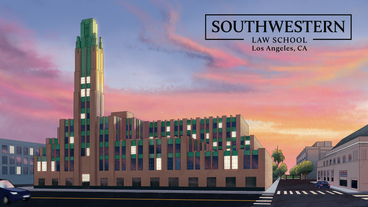 Zoom Background of Bullocks Wilshire building illustrated at sunset with Southwestern Law School logo in black in upper right hand corner