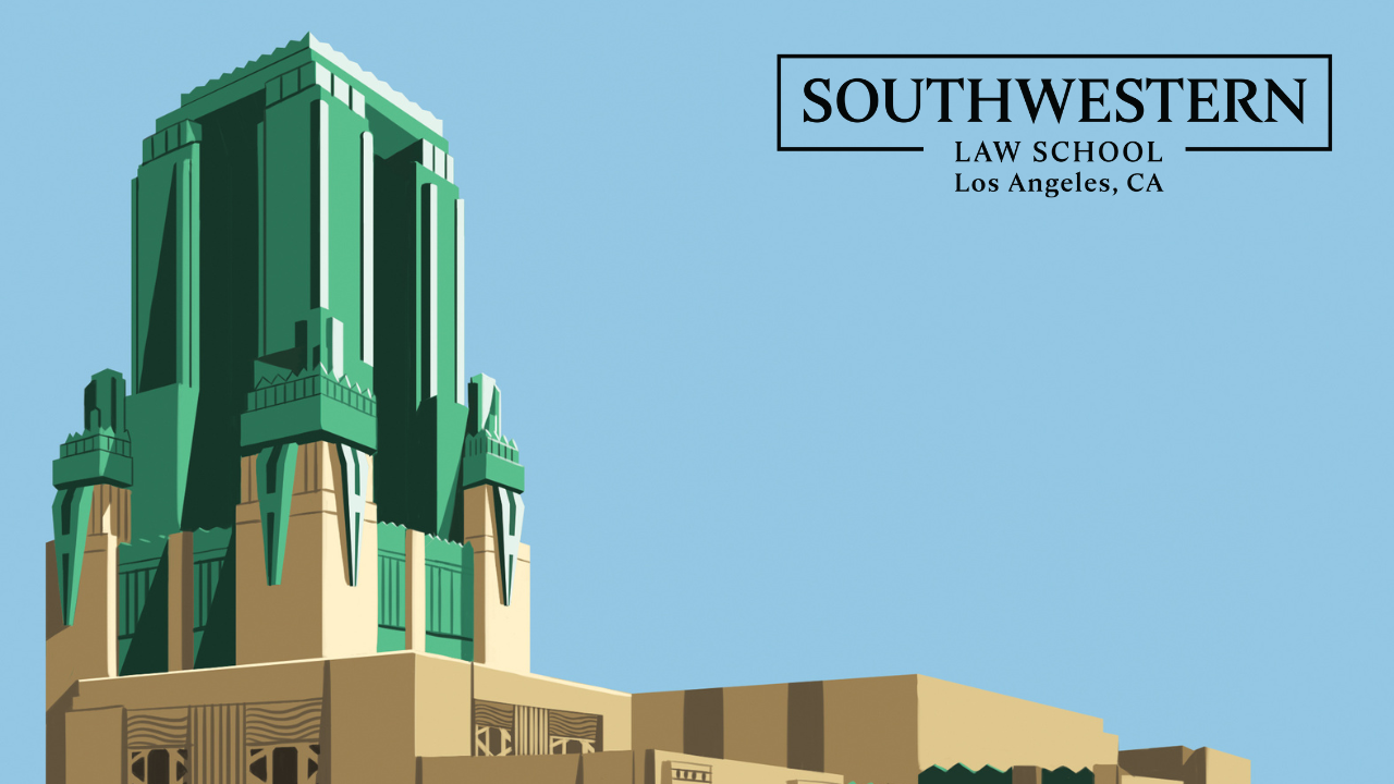 Zoom Background of illustrated Bullocks Wilshire tower against a blue sky with Southwestern Law School logo in black in upper right hand corner