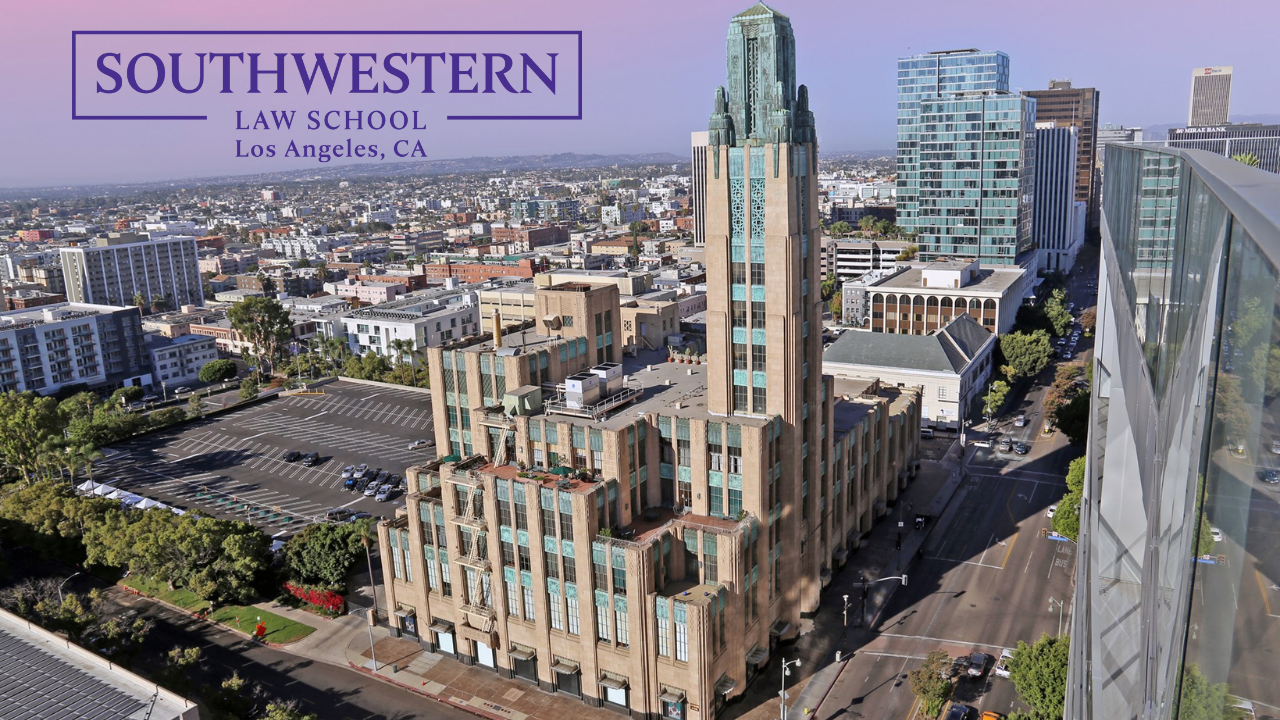 Zoom Background of aerial view of Southwestern Law School campus in Koreatown with Southwestern Law School logo in purple in upper left hand corner