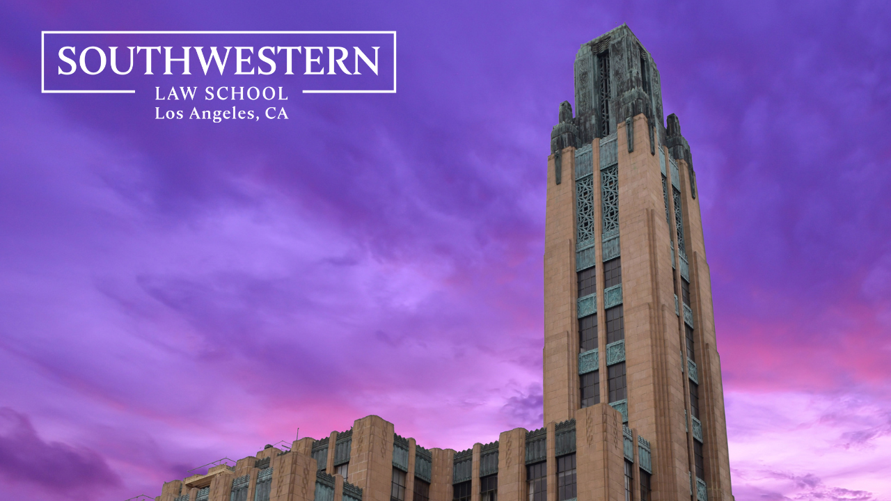 Zoom Background of Bullocks Wilshire tower against a purple sky with Southwestern Law School logo in white in the upper left hand corner