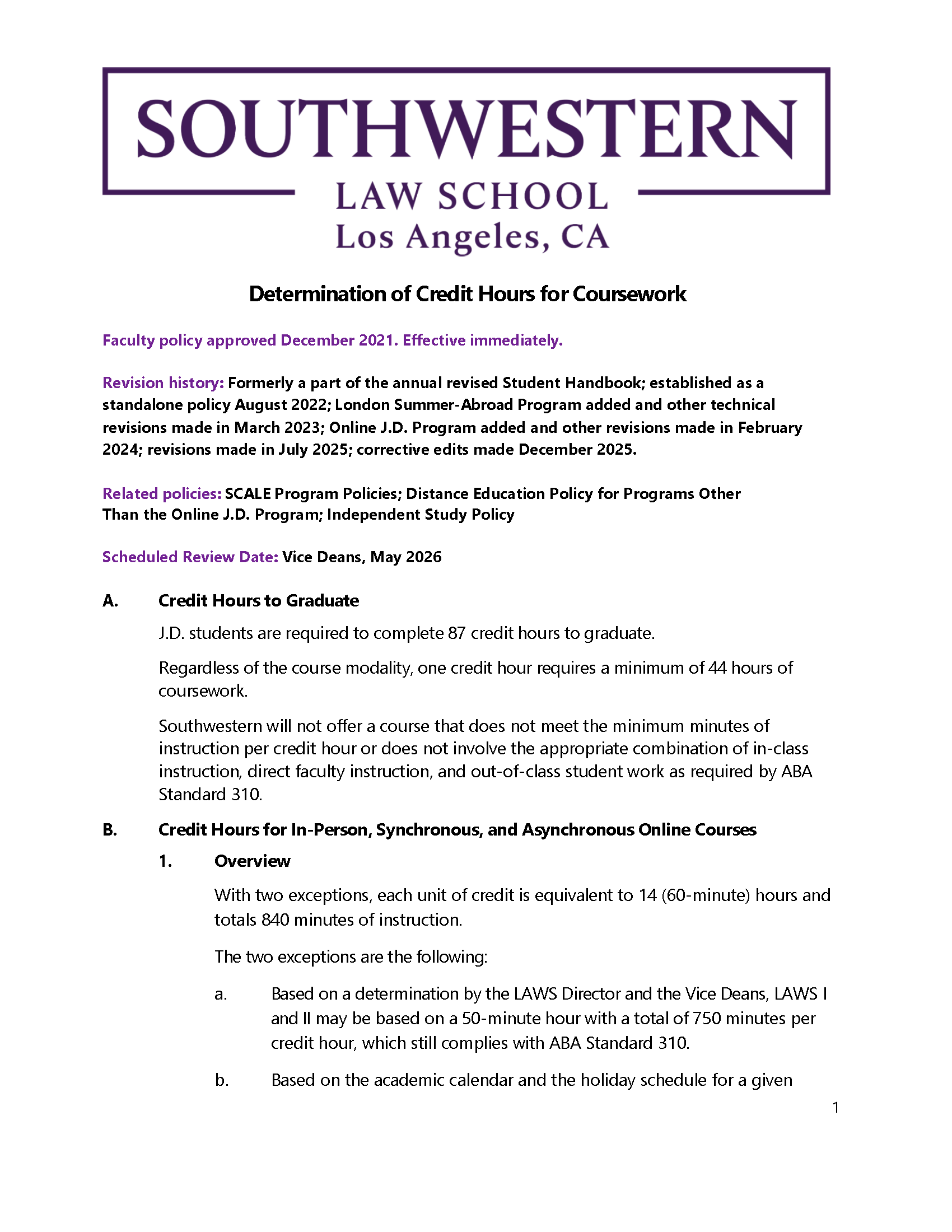 Determination of Credit Hours for Coursework Policy front page