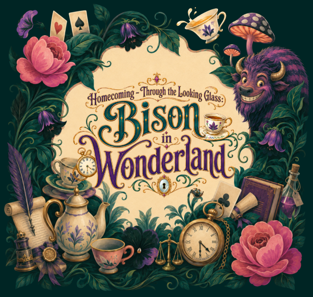 Homecoming - Through the Looking Glass. Bison in Wonderland main event graphic featuring the text in the center surrounded by leafy green foliage and a Cheshire inspired Bison, teapots and teacups, flowers, and pocket watch.