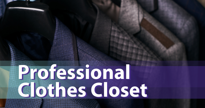 Image - Text "Professional Clothes Closet" on ombre gradient bar over an image of dark suits