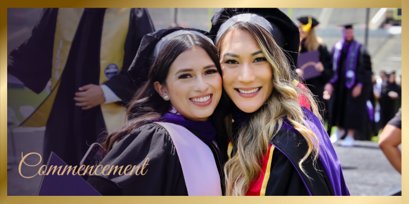 Commencement Banner featuring two students in cap and gown smiling