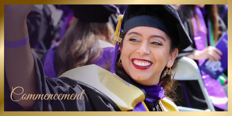 Commencement Banner featuring student in cap and gown waving