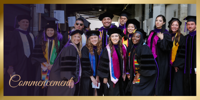 Commencement Banner featuring a group of students in cap and gown smiling