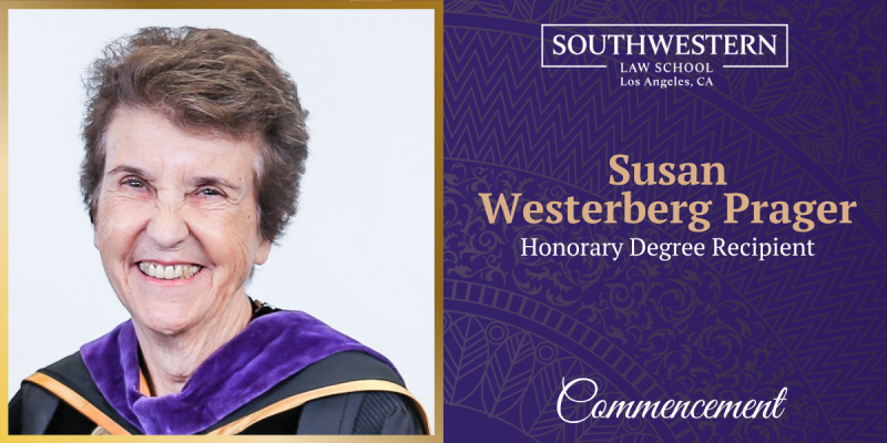 Susan Westerberg Prager headshot with text "Susan Westerberg Prager Honorary Degree Recipient" to the right