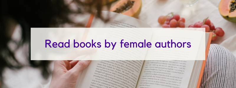 Image - Text "Read books by female authors" over image of woman reading a book