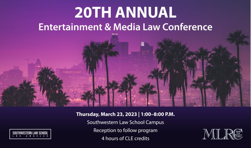 20th Annual Entertainment & Media Law Conference Banner featuring a purple skyline of Los Angeles with palm trees