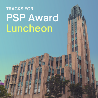 PSP Spotify Playlist Cover image of Bullocks Wilshire building on light teal blue background with yellow ombre on the bottom with text overlay "Tracks for PSP Award Luncheon"