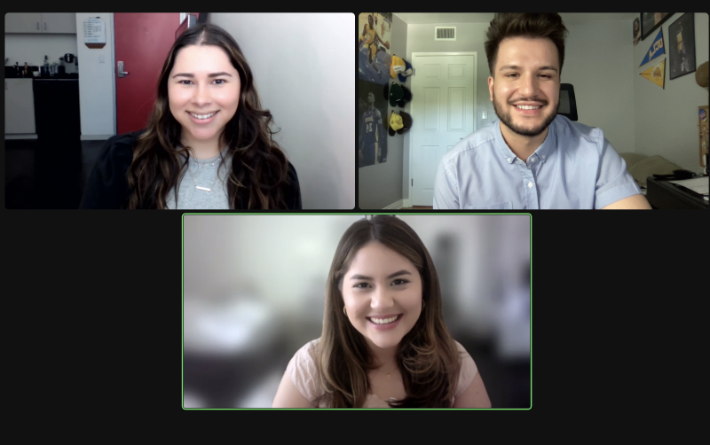 Zoom screenshot of LLSA Co-Presidents Chelsea Zaragoza, Andy De La Cruz, and Community Relations Chair Jaqueline Flores Reyes