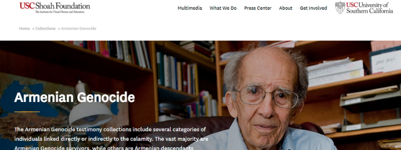 Screenshot of USC Shoah Foundation's page on the Armenian Genocide depicting an elderly man with cut off text on the Armenian Genocide to left of him