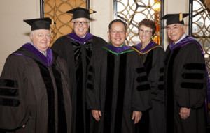 From left: Professor Norman Garland; Michael Downer ’81, Chair of the Board of Trustees; Justice Ming Chin; and trustee Robert Philibosian ’67