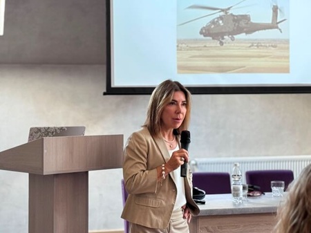 Prof. VanLandingham speaking at podium at the law of war accountability conference in the Carpathian Mountains of Ukraine.