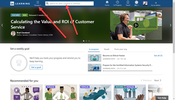 LinkedIn Learning dashboard homescreen
