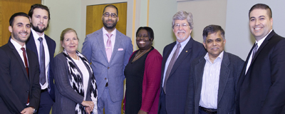 From left: Asaf Macabi, Third Place; Daniel Reutskiy, Third Place; Angela Rose White ’78, President and Founder of DaBet Music Services; Neil Ollivierra ’07, Adjunct Associate Professor of Law; Nyree Gray ’99, Assistant VP of Diversity and Inclusion/Chief Civil Rights Officer at Claremont McKenna College; Paul Bent ’78, Senior Managing Director at The Alta Group, LLC; Rajendra Sardesai ’93, manager, scientist and attorney; and Joe Nunez, First Place.