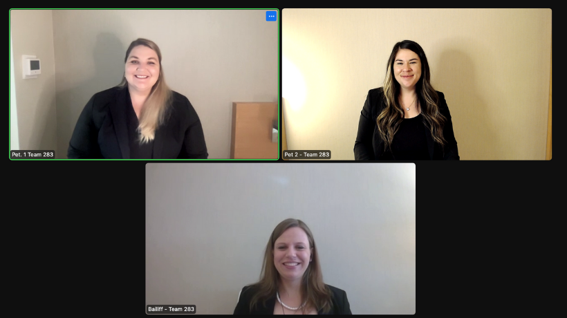 Image - Moot Court Team ABA Charlotte Bray, Kelsi Grau, and Alexandra Christensen in a Zoom window screenshot