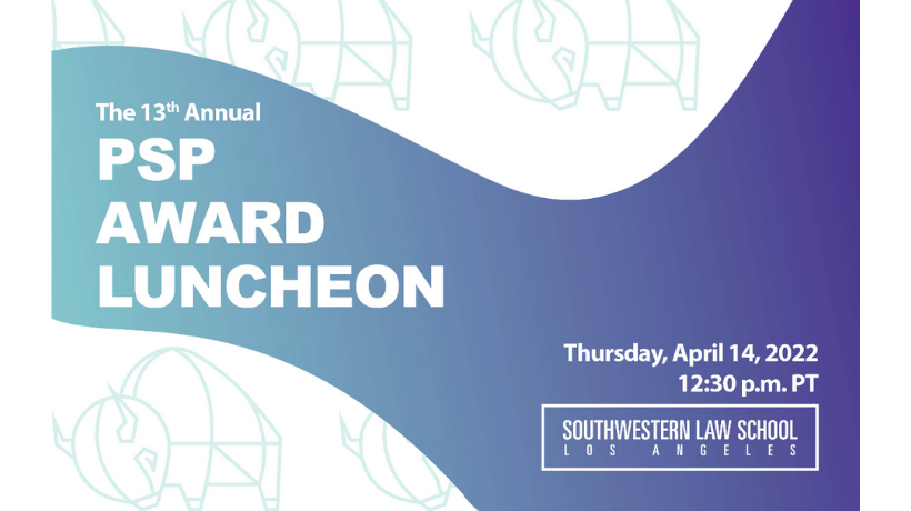 Text "The 13th Annual PSP Award Luncheon, Thursday, April 14, 2022, 12:30 p.m. PT" over abstract blue to purple ombre shape and art deco bison in light teal blue background 