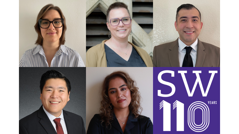 Collage of OUTLaw Board Members 2022-2023. Headshots of Sara Stogsdill, Carie Martin, and Lorenzo Orozco, Jr. in top row. Headshots of Lawrence Liu and Rana Shalhoub in bottom row with SWLAW 110 purple block logo.