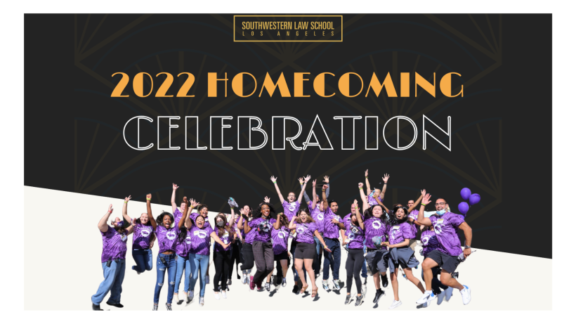 Southwestern Law School 2022 Homecoming Celebration with image of students jumping and cheering