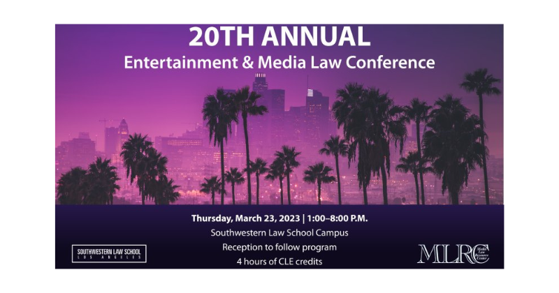 20th Annual Entertainment & Media Law Conference Banner featuring a purple skyline of Los Angeles with palm trees