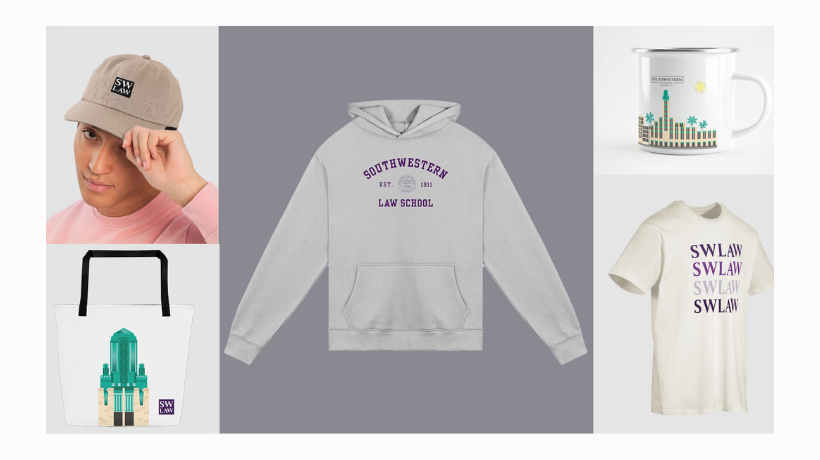 Southwestern Store product collage featuring sweatshirt, hat, totebag, mug, and tshirt