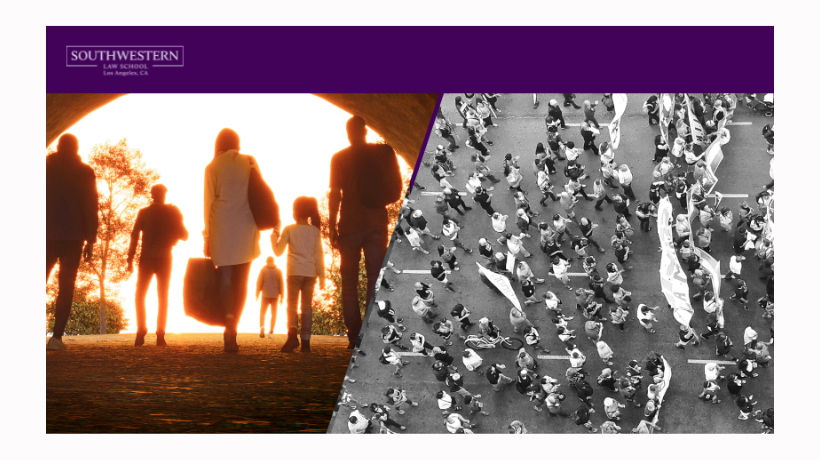 Split screen image of upcoming Law Review webinars with first image displaying the backs of a family as they walk into the distance and the second image of a black and white aerial view of marchers in a protest