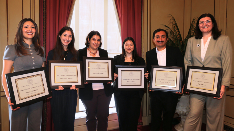 2026 Public Service Program Graduating Student Award Recipients holding their award certificates: Paola Velazquez, Esperanza Alonso, Isabella Zemshman, Melinda Rivas, Emiliano Arellano, and Olivia Dilas