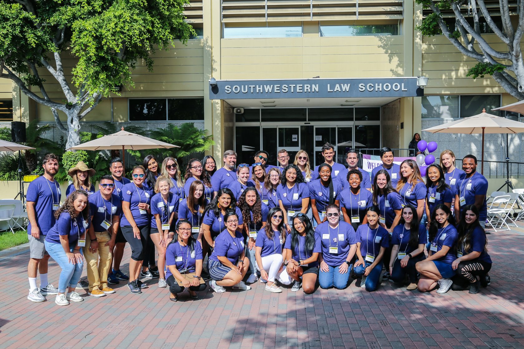 Southwestern Peer Mentors in front of the Southwestern Law School building