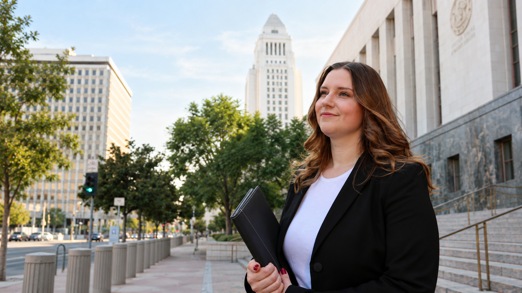 Student in business professional dress  in front of courthouse 