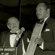 Mayor Bradley presents Lee Rich, co-founder and Chairman of Lorimar Productions, with Southwestern’s Distinguished Citizen Award during the 1983 Bradley Scholarship Fund Dinner