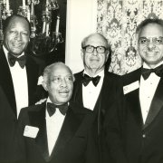Tom Bradley honors Los Angeles City Councilman Gilbert LIndsay (second from left) with Southwestern's Distinguished Citizen Award at the 1981 Tom Bradley Scholarship Fund Dinner. Mayor Bradley later served as honorary chairman of Southwestern's Gilbert and Theresa Lindsay Scholarship Endowment Fund “Educating for Leadership” Luncheon in 1987.