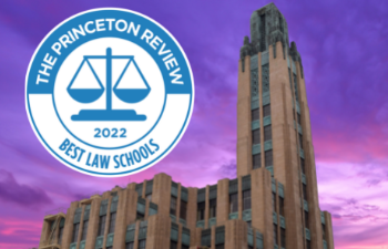 2022 Princeton Review Best Law Schools with BW Building against purple ombre sky