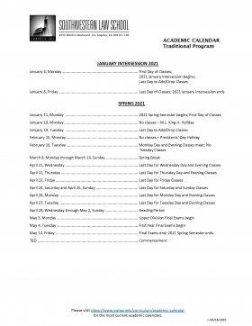 Academic Calendars Southwestern Law School csun 2021 academic calendar