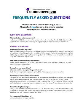 Commencement 2022 FAQ Front Page with ombre blue to purple text "Frequently Asked Questions" and SWLAW Commencement 2022 logo