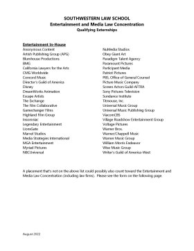 Externships for Entertainment & Media Law J.D. Concentration Front Page