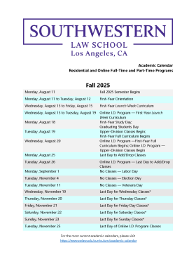 Fall 2025-26 Academic Calendar First page