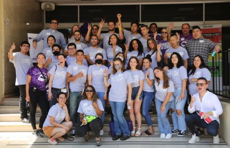 Law students cheering on the steps of Southwestern's campus