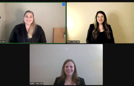 Image - Moot Court Team ABA Charlotte Bray, Kelsi Grau, and Alexandra Christensen in a Zoom window screenshot