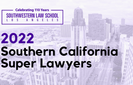 Aerial view of the Bullocks Wilshire building and street in a light purple tint overlaid with text "2022 Southern California Super Lawyers" in bold font with a Celebrating 110 Years SWLAW Logo