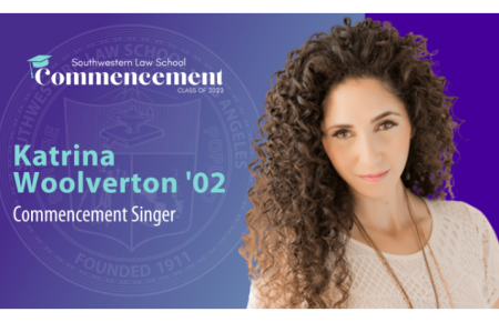 Commencement Singer Slide depicting Katrina Woolverton’s headshot with the SWLAW Commencement Class of 2022 Logo at the top and text "Katrina Woolverton ’02 Commencement Singer" to the left of picture and SWLAW seal in the background