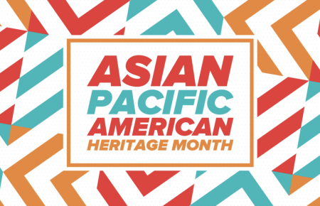 Colorful patterned banner with centered white box with text overlay Asian Pacific American Heritage Month