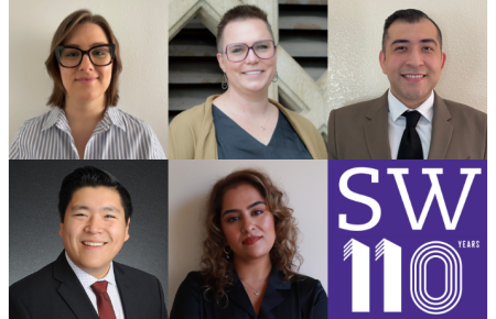 Collage of OUTLaw Board Members 2022-2023. Headshots of Sara Stogsdill, Carie Martin, and Lorenzo Orozco, Jr. in top row. Headshots of Lawrence Liu and Rana Shalhoub in bottom row with SWLAW 110 purple block logo.