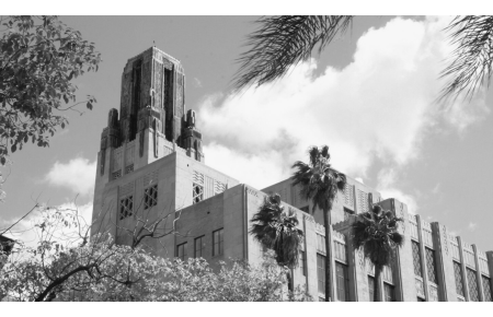 Bullocks Wilshire tower in black and white