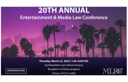 20th Annual Entertainment & Media Law Conference Banner featuring a purple skyline of Los Angeles with palm trees