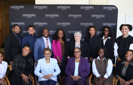 Mayor Karen Bass with Dean Darby, Prof. Gunning, and BLSA students