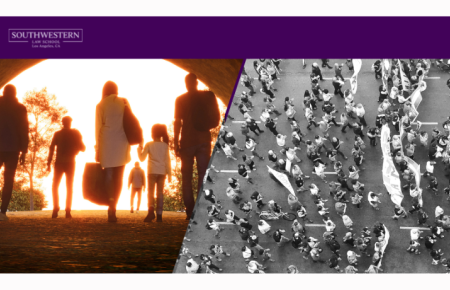 Split screen image of upcoming Law Review webinars with first image displaying the backs of a family as they walk into the distance and the second image of a black and white aerial view of marchers in a protest